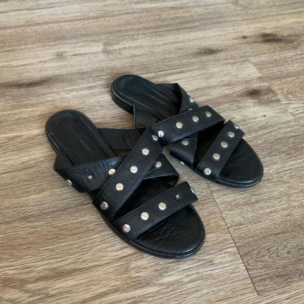 Rebecca Minkoff Studded Leather Strappy Slide Sandal in black silver - size 8.5